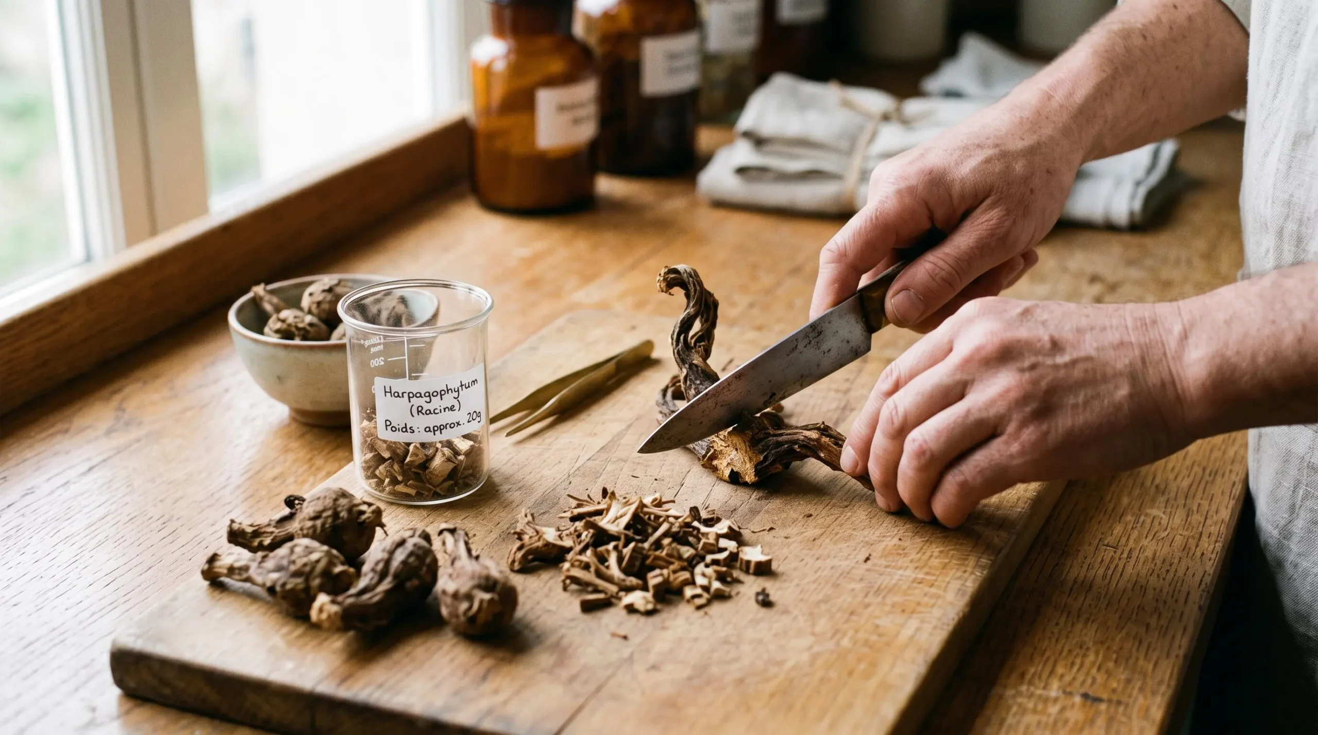 Mains d'herboriste coupant des racines séchées d'harpagophytum sur un plan de travail en bois avec outils de préparation.